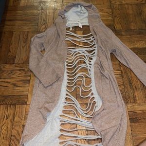 Open back distressed hooded cardigan